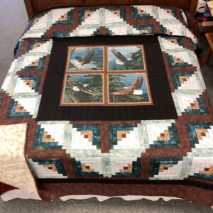 Eagle  in Flight Scene Log Cabin Quilt in King Size