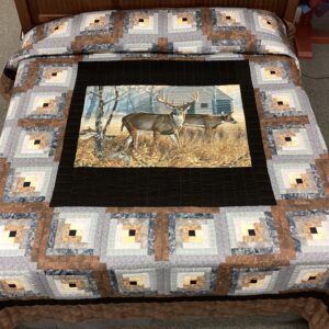 Buck with Deer Log Cabin Hand Quilted King Size