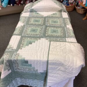 Twin Size Log Cabin Star in Shades of Sage Green