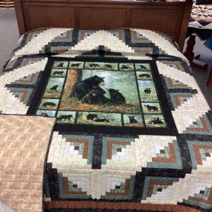 Momma Bear and Family Log Cabin Hand Stitched King Quilt