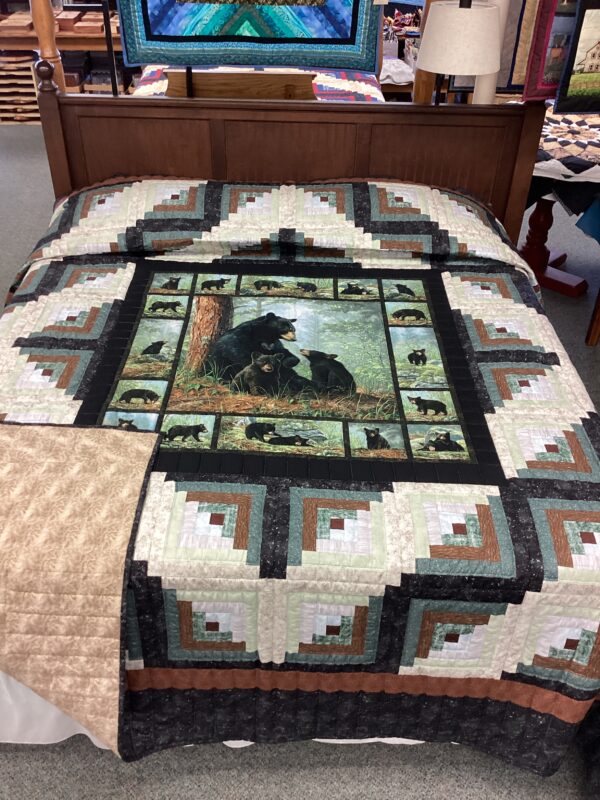 Momma Bear and Family Log Cabin Hand Stitched King Quilt