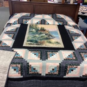 Secret Getaway on the Lake Log Cabin Hand Stitched King Quilt