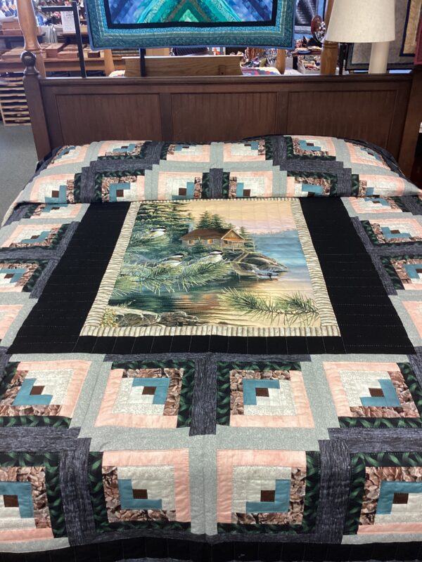 Secret Getaway on the Lake Log Cabin Hand Stitched King Quilt - Image 4