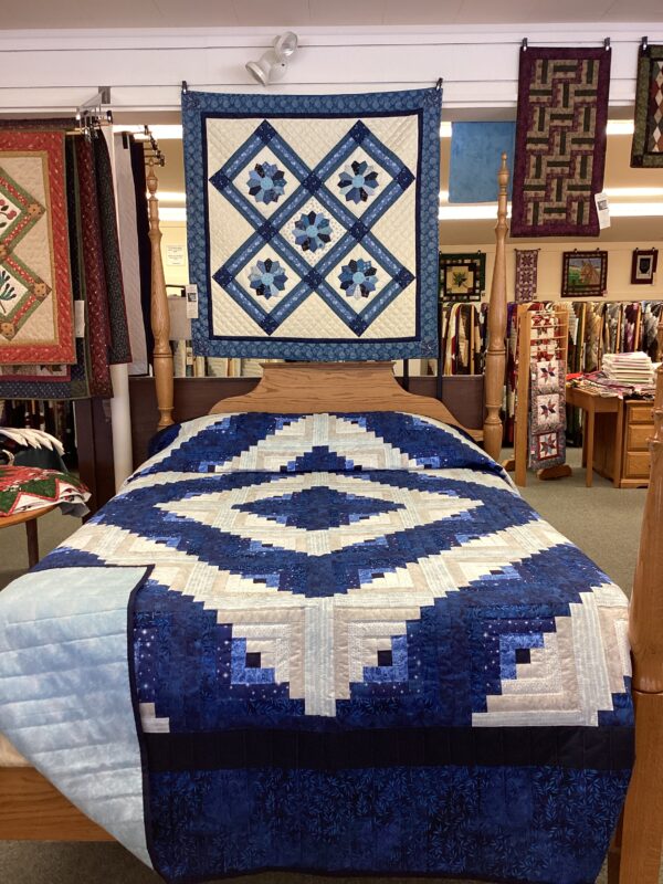 Log Cabin Hand Quilted Queen Size In Shades of Blue - Image 4