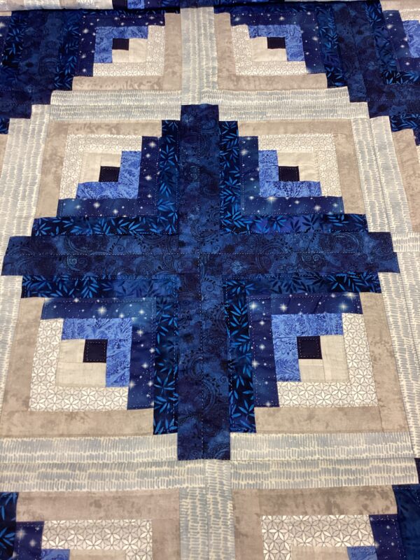 Log Cabin Hand Quilted Queen Size In Shades of Blue - Image 3