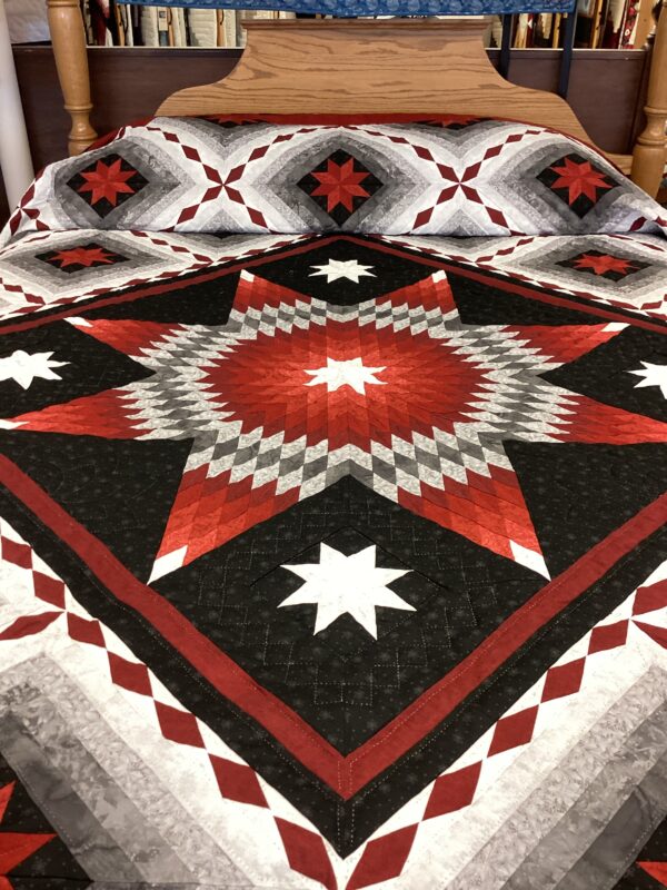 Hand Quilted Black,White and Red Star Quilt - Image 5