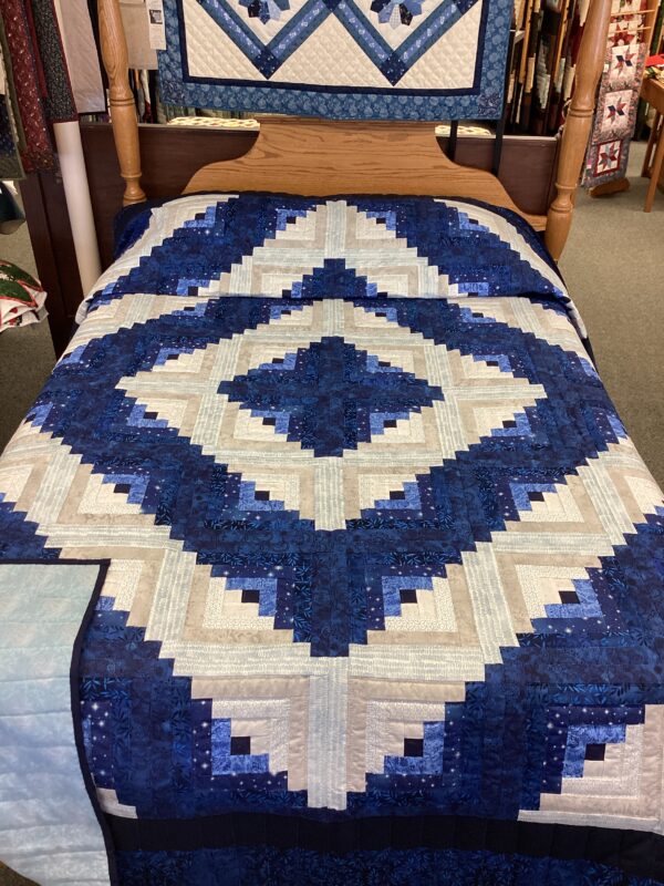 Log Cabin Hand Quilted Queen Size In Shades of Blue