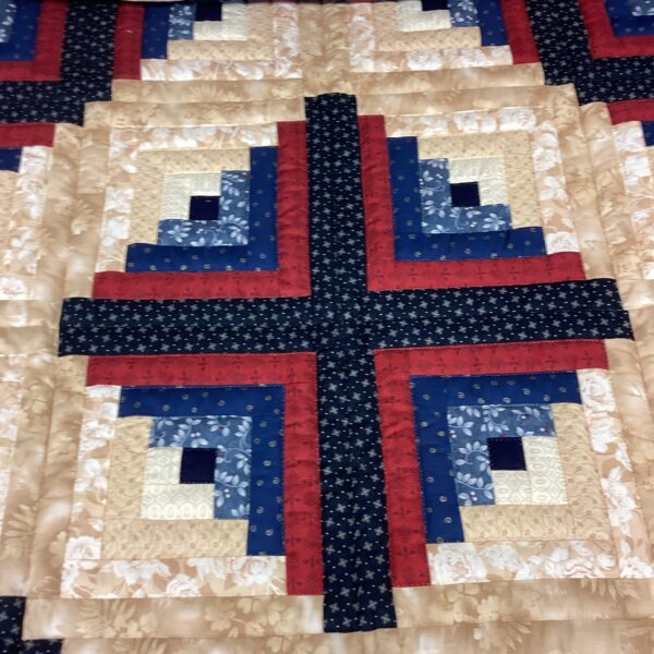 Log Cabin Queen Quilt in Red ,White and Cream - Image 4