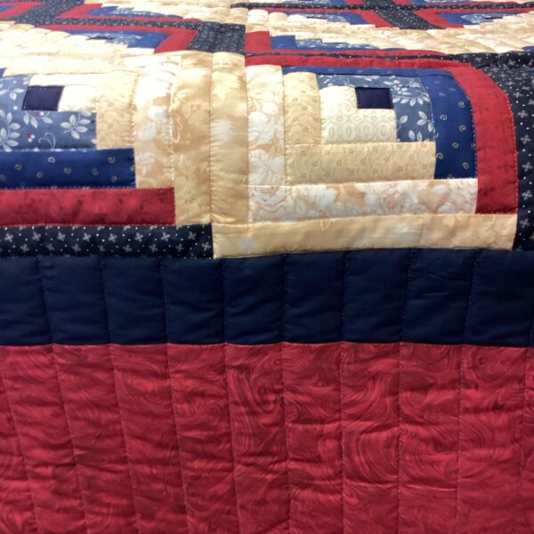 Log Cabin Queen Quilt in Red ,White and Cream - Image 3