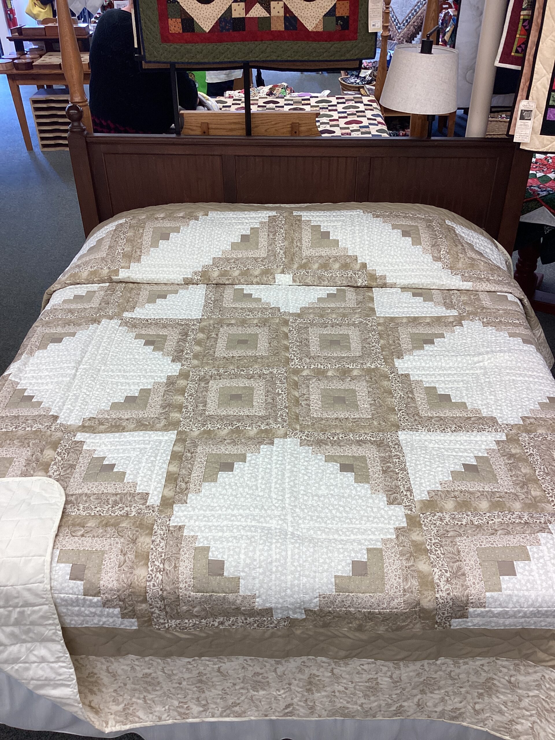 Log Cabin Star in Cream and Taupe Hand Quilted in King Size