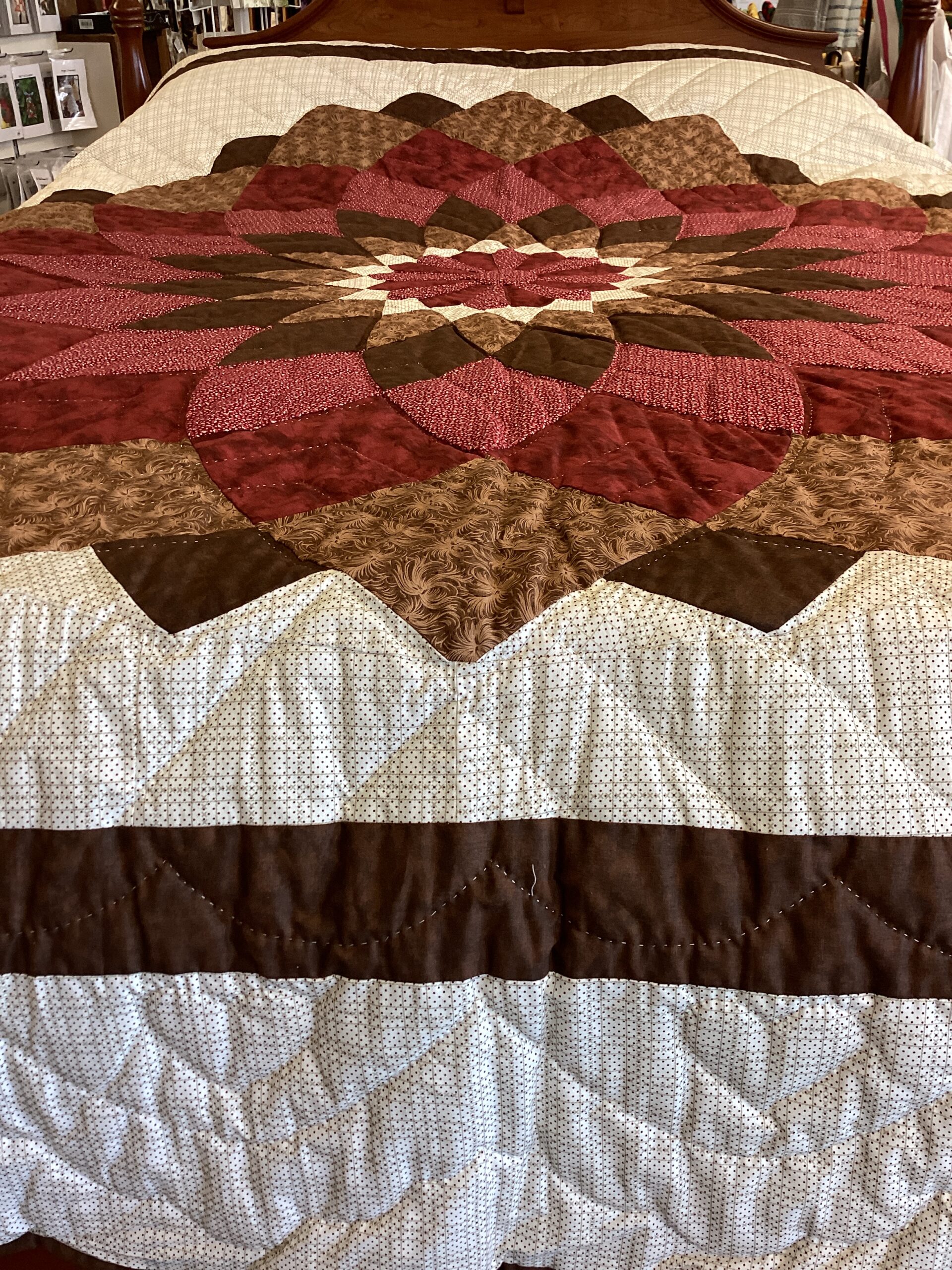 Giant Dahlia Hand Stitched Quilt in Shades of Brown and Reds - Image 6
