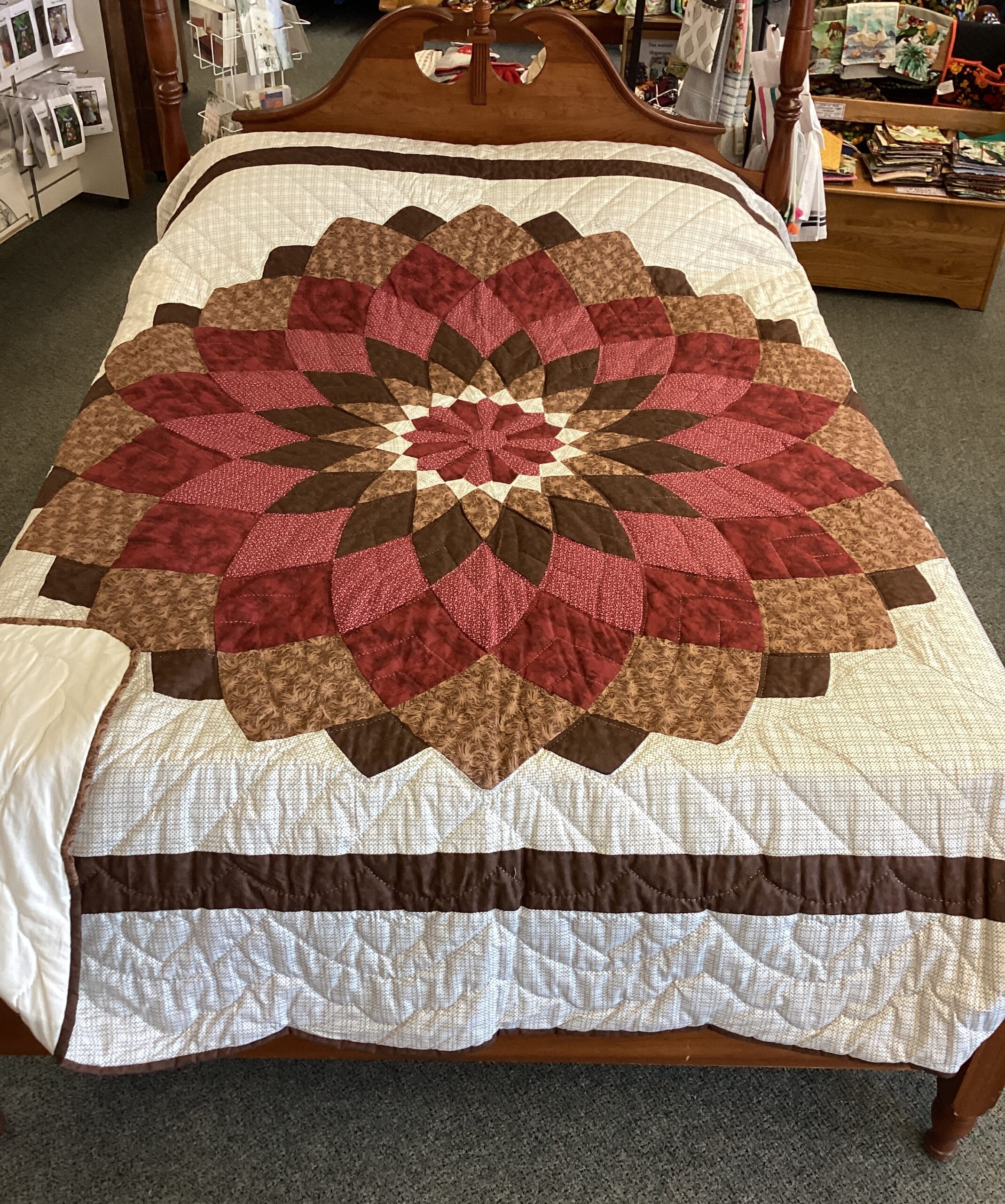 Giant Dahlia Hand Stitched Quilt in Shades of Brown and Reds