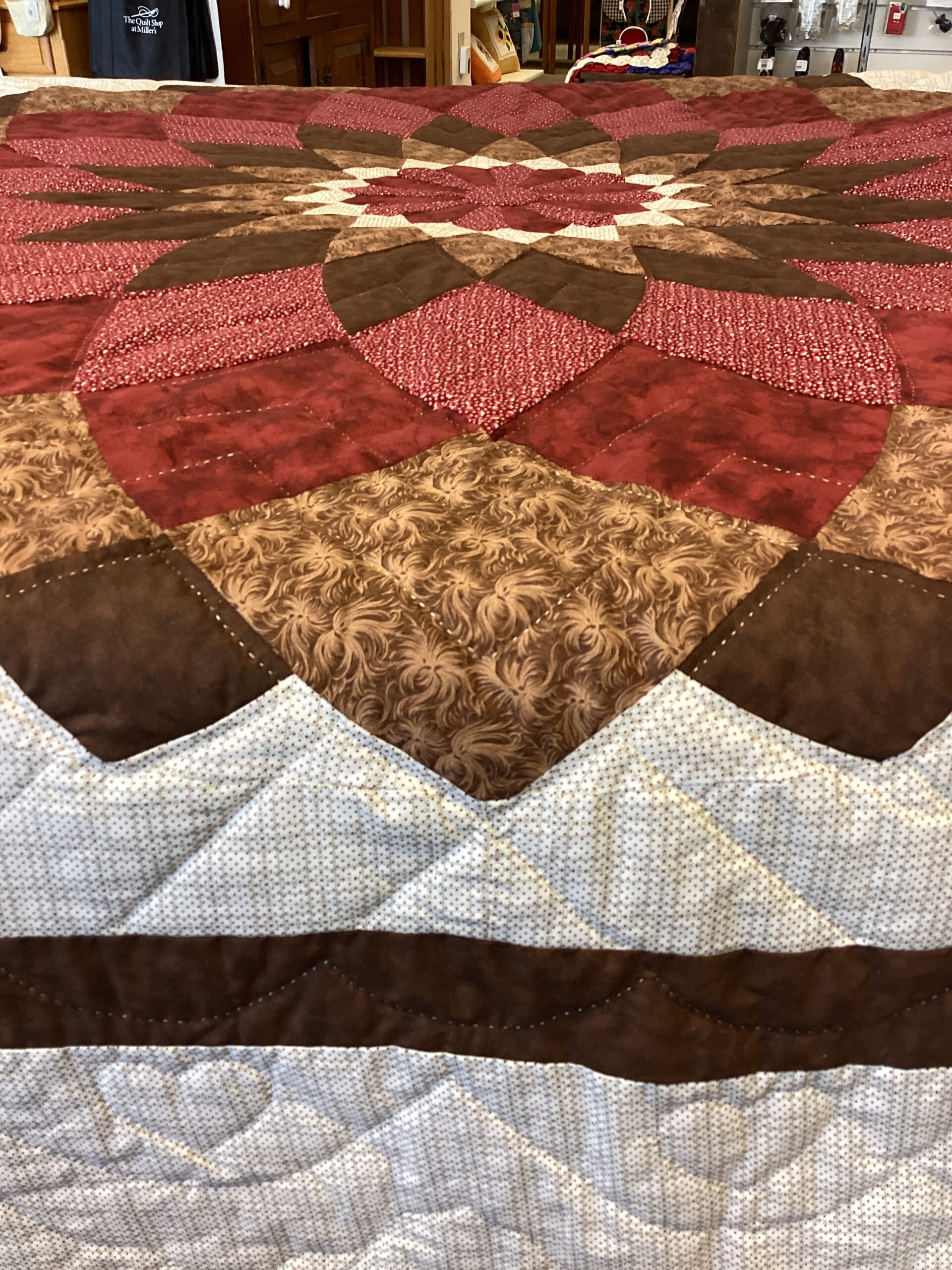 Giant Dahlia Hand Stitched Quilt in Shades of Brown and Reds - Image 7