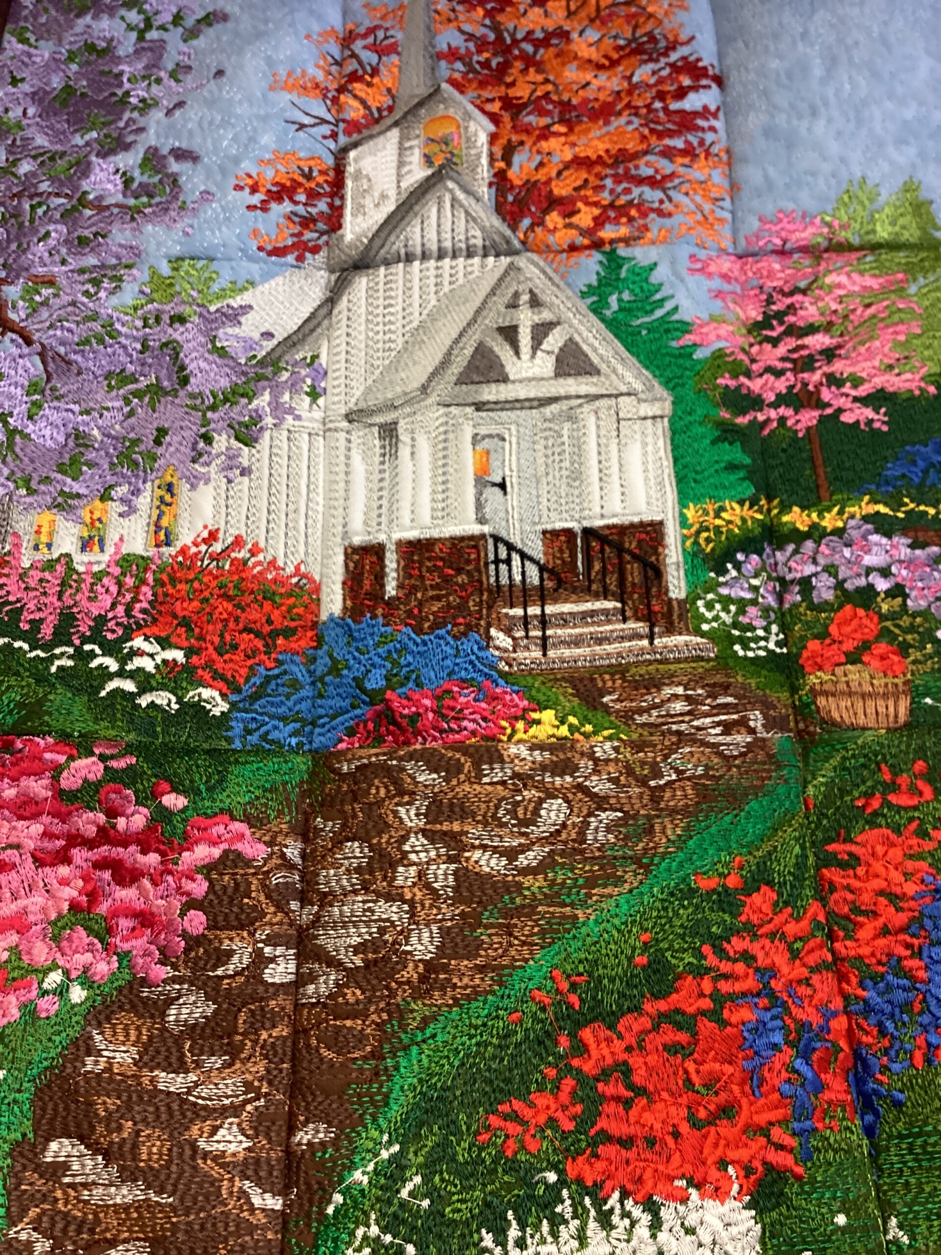 Springtime White Church wall hanging created by many colors of thread. - Image 2