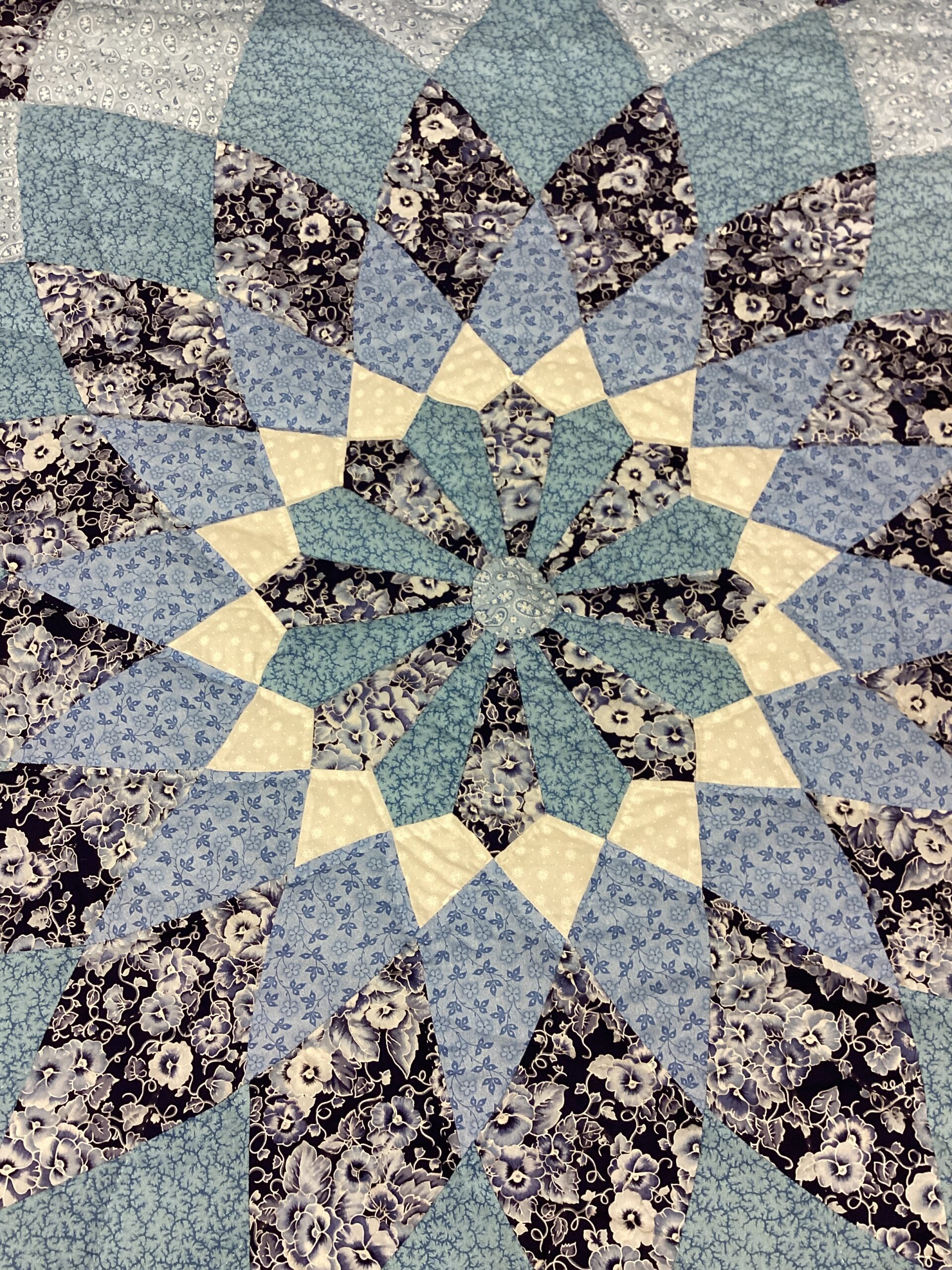 Giant Dahlia Hand Stitched Quilt in Shades of Blue - Image 4