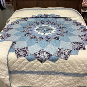 Giant Dahlia Hand Stitched Quilt in Shades of Blue