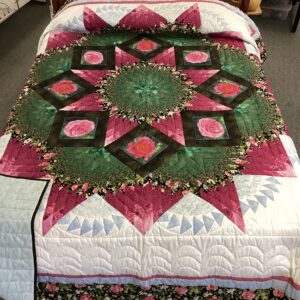 Mennonite Created Star and  Roses pattern Hand Quilted in Queen Size