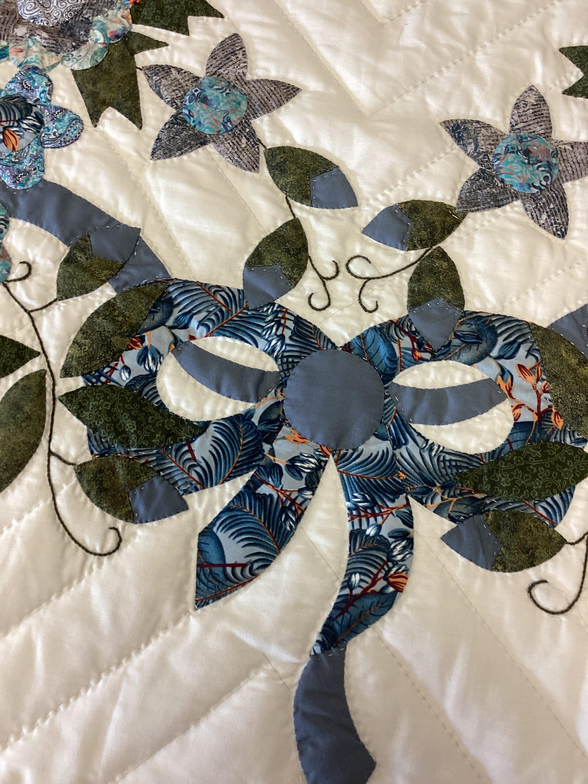 Garden Bouquet Needle-turned Applique Queen Size Quilt In Shades of Grey Blue and Teal - Image 2