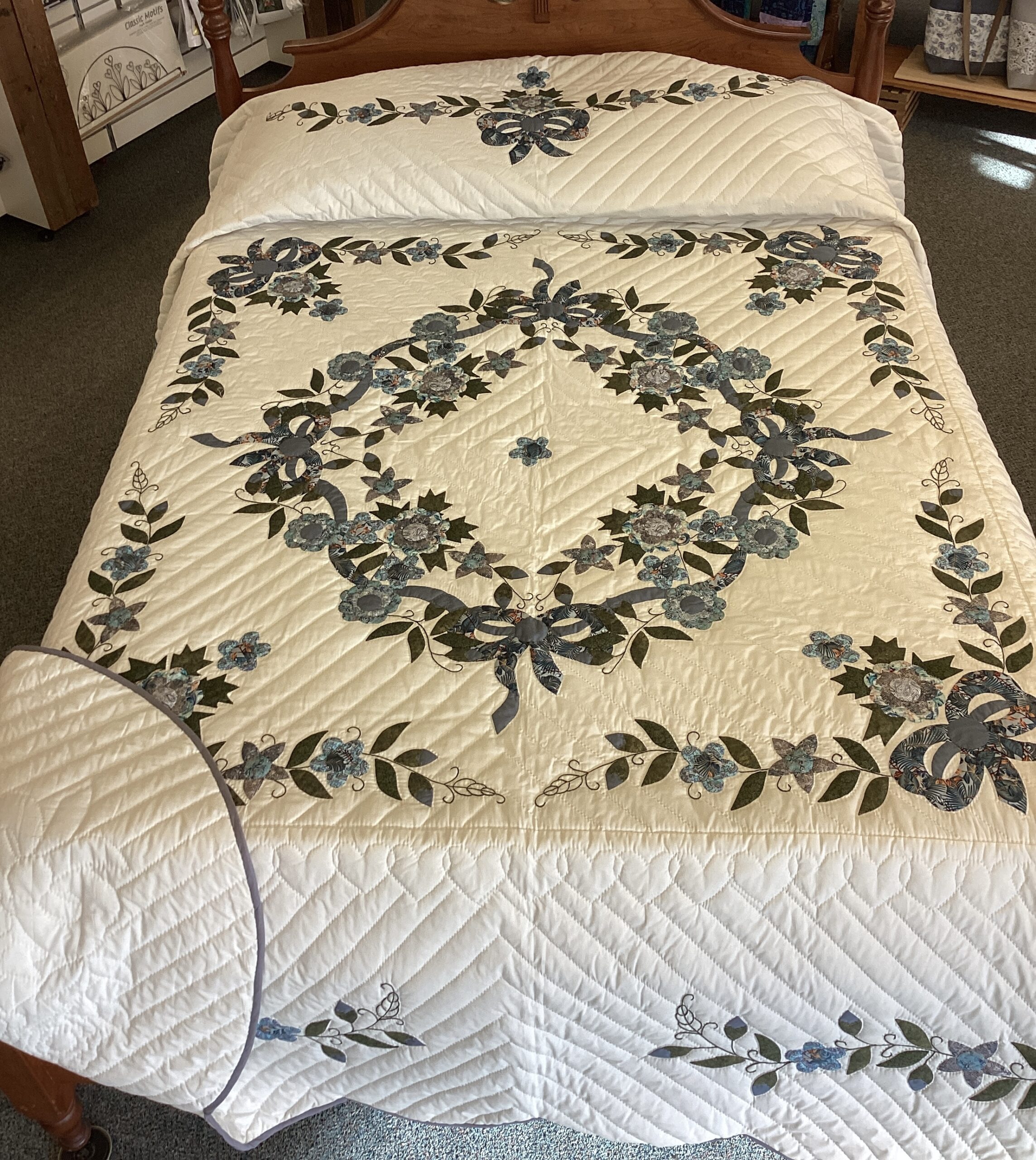 Garden Bouquet Needle-turned Applique Queen Size Quilt In Shades of Grey Blue and Teal