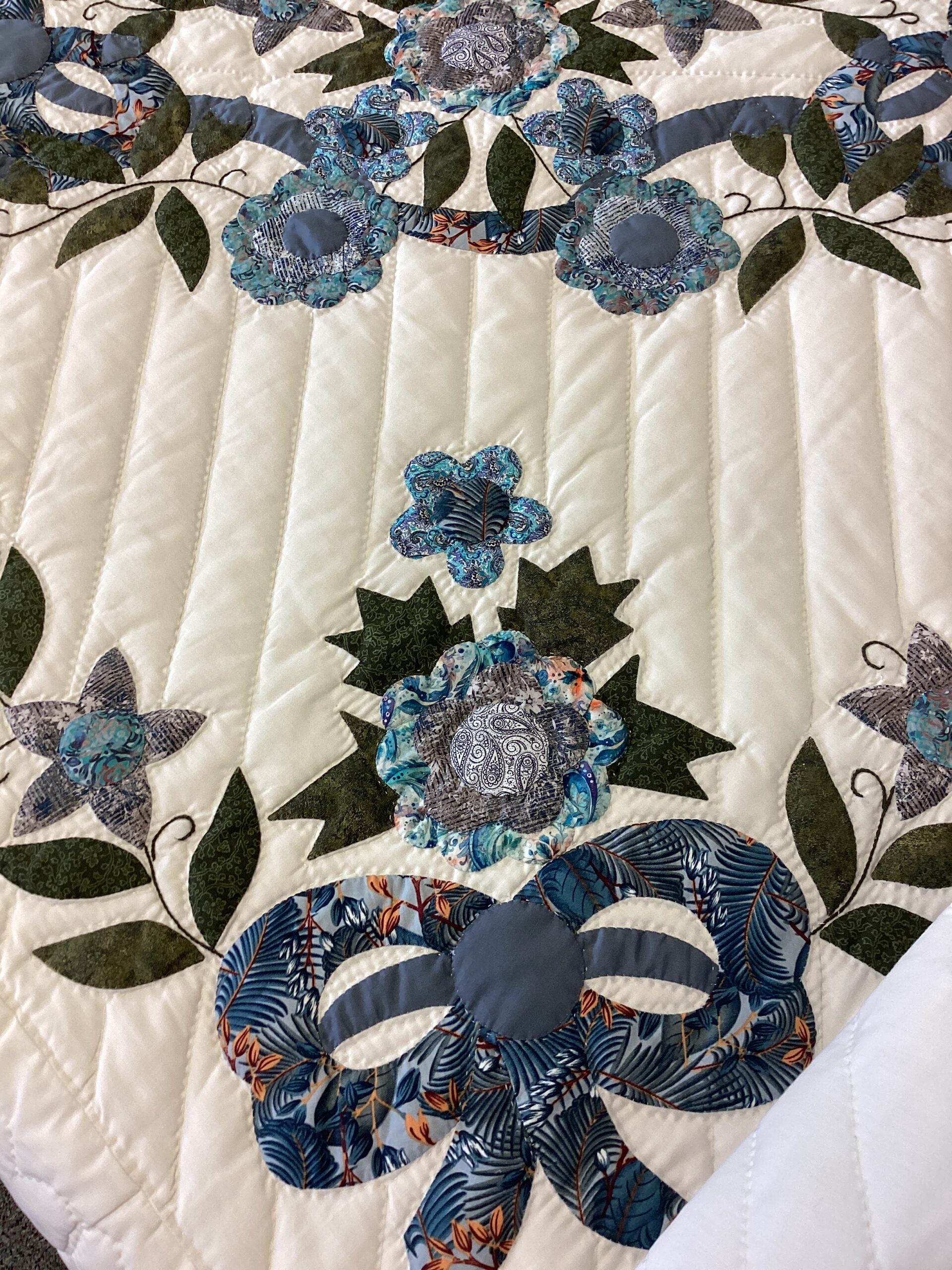Garden Bouquet Needle-turned Applique Queen Size Quilt In Shades of Grey Blue and Teal - Image 4