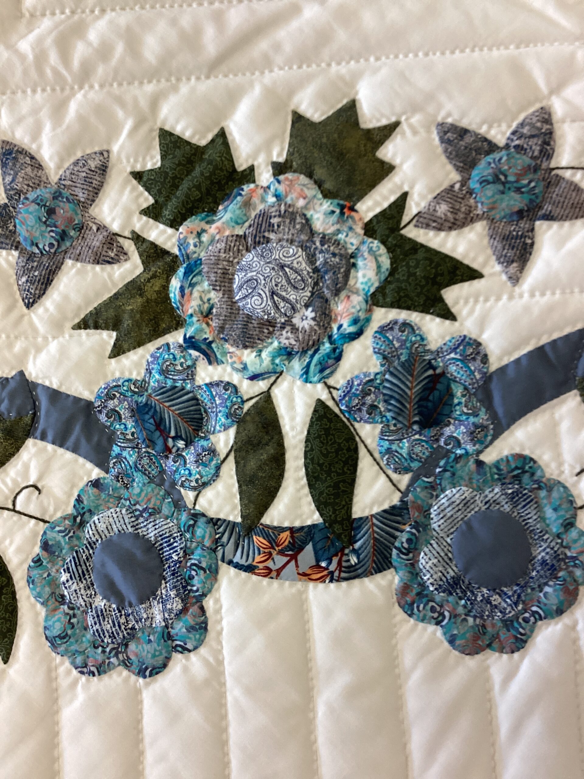 Garden Bouquet Needle-turned Applique Queen Size Quilt In Shades of Grey Blue and Teal - Image 3