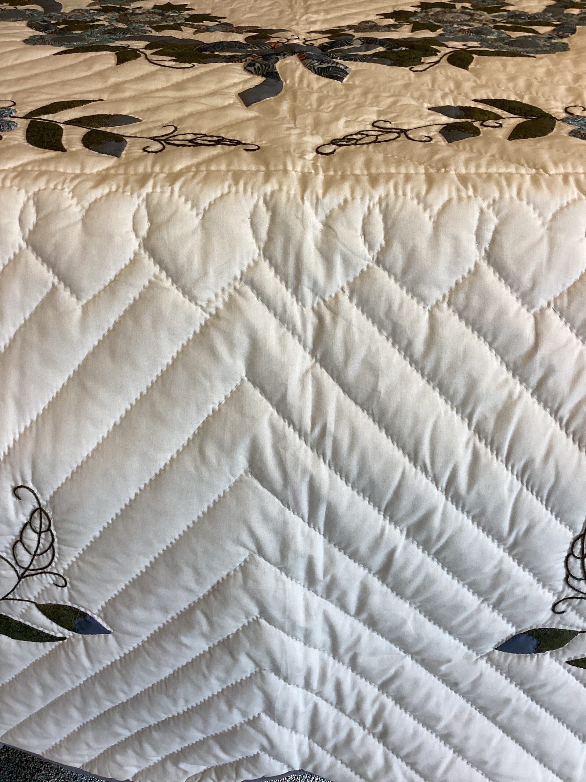 Garden Bouquet Needle-turned Applique Queen Size Quilt In Shades of Grey Blue and Teal - Image 6