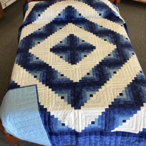 Blue and Calico Printed Off White Log Cabin  Quilt in Queen Size