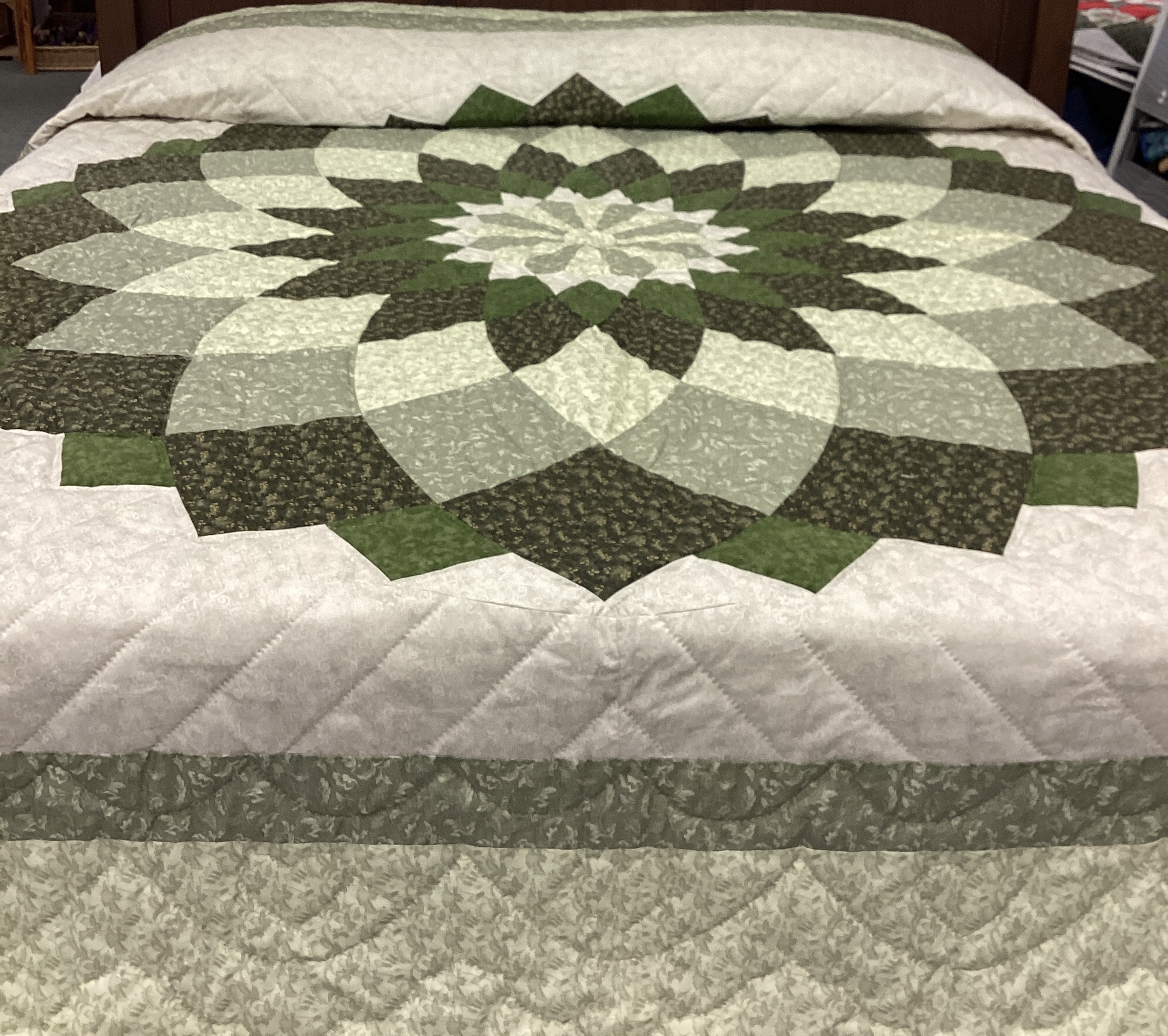 Giant Dahlia Hand Stitched Quilt in Shades of Green - Image 2