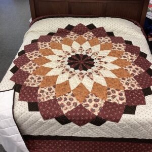 Giant Dahlia Hand Stitched Quilt in Shades of Burgundy Cream and Sunflowers
