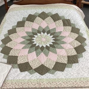 Sage Green and Pink Giant Dahlia Hand Stitched Throw