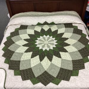 Giant Dahlia Hand Stitched Quilt in Shades of Green