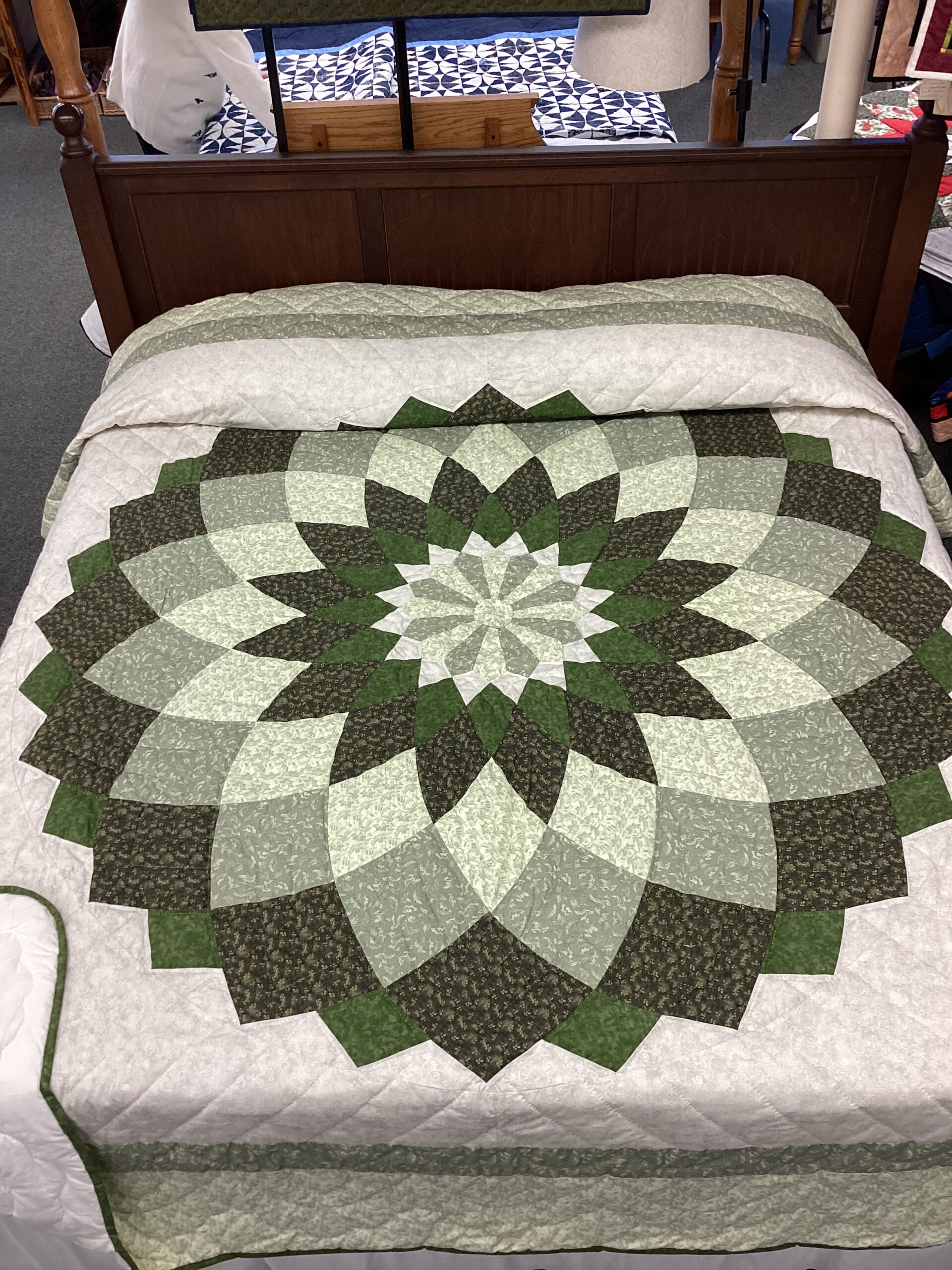 Giant Dahlia Hand Stitched Quilt in Shades of Green
