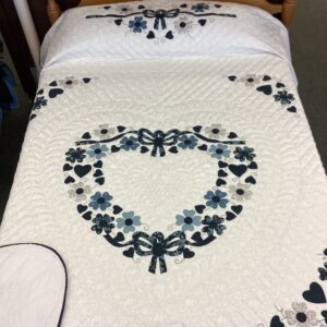 Heart Bouquet Needle-turned Applique Queen Size Quilt in shades of Blue