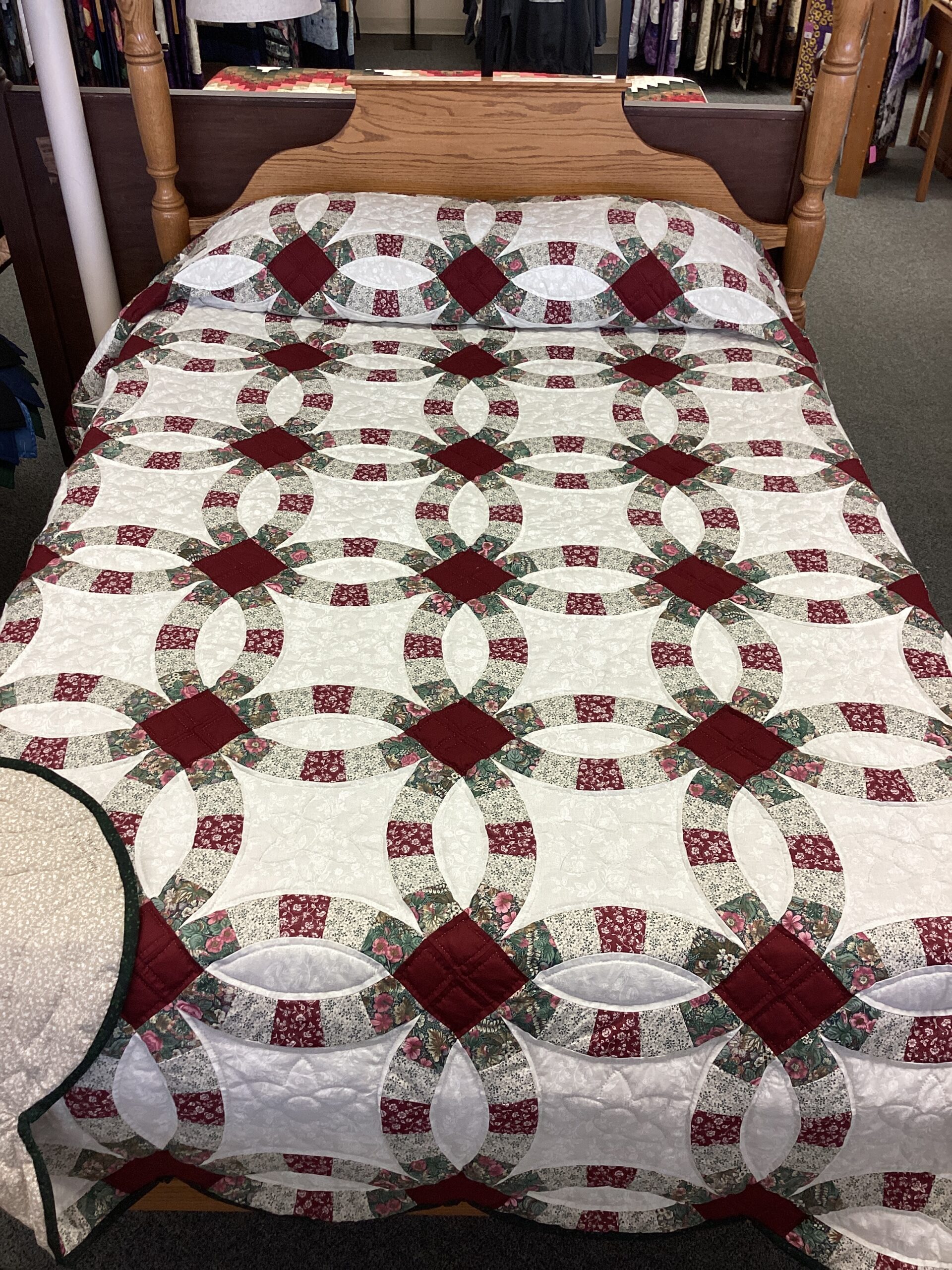 Burgundy and Evergreen Colored Double Wedding Ring with Floral Printed interlocking Rings size Queen