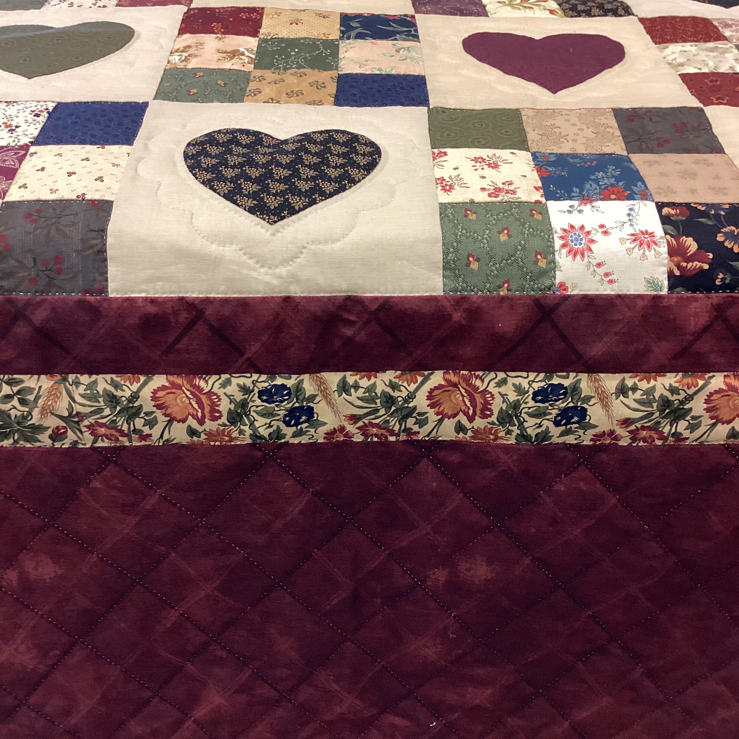 King Size 9 Patch with Hearts with a Burgundy Border - Image 2