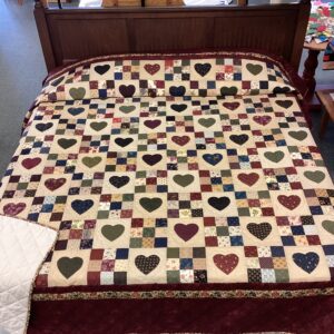 King Size 9 Patch with Hearts with a Burgundy Border