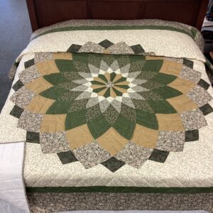 Giant Dahlia Hand Stitched Quilt in Shades of Green