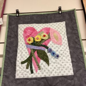 Yo Yo  Button Spring Flowers With Applique Stems and Heart Wall-Hanging