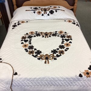 Heart Bouquet  Applique Queen Size Quilt in shades of Black and Gold