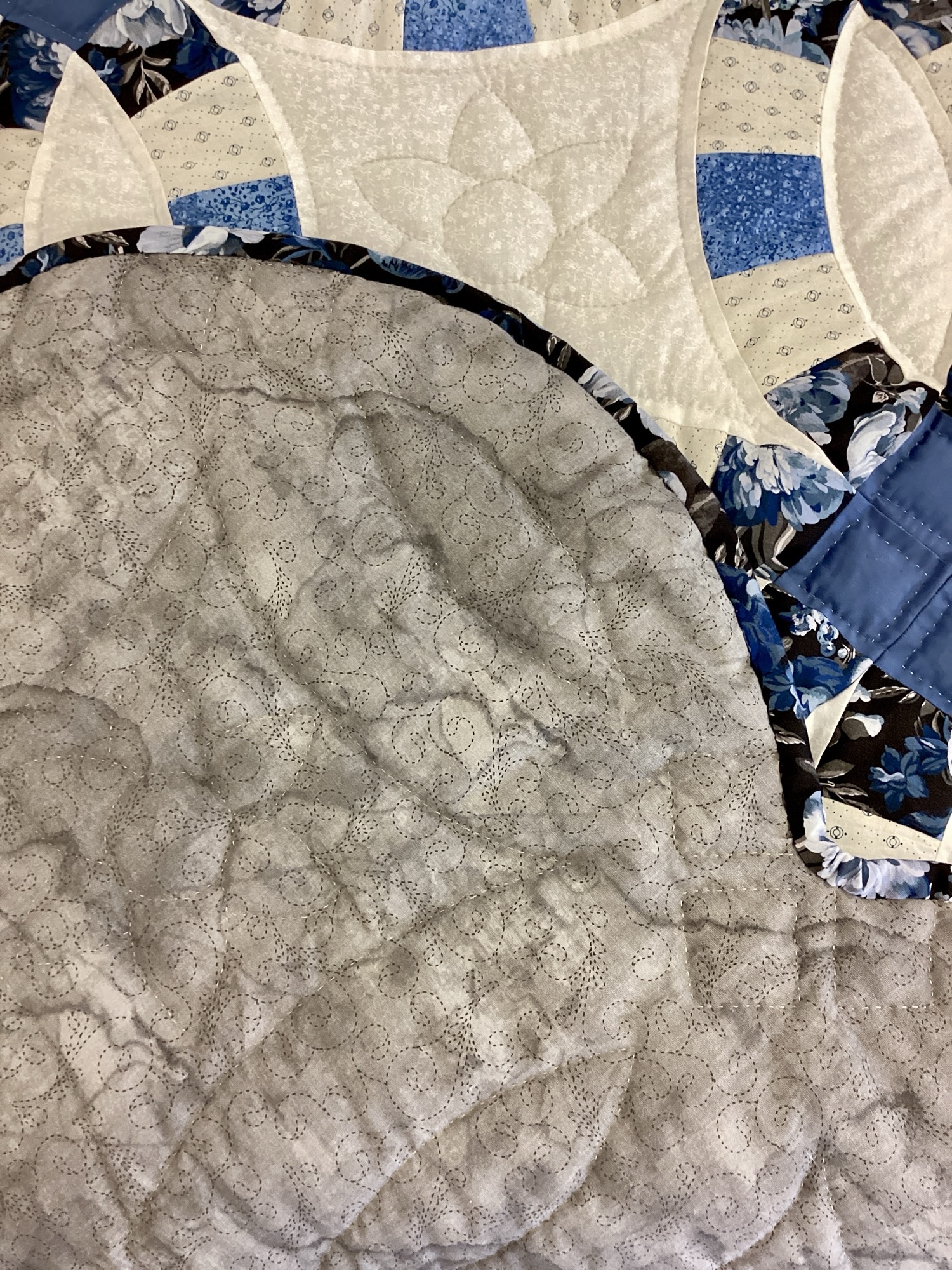 Backing of Handmade blue and white Double Wedding Ring Amish queen quilt