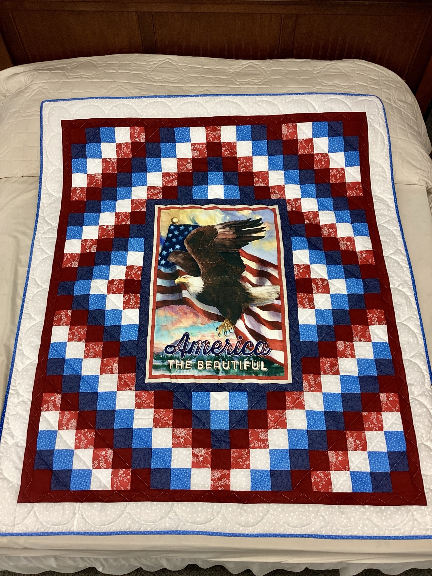 Handmade Amish patriotic quilt throw with eagle and American flag panel