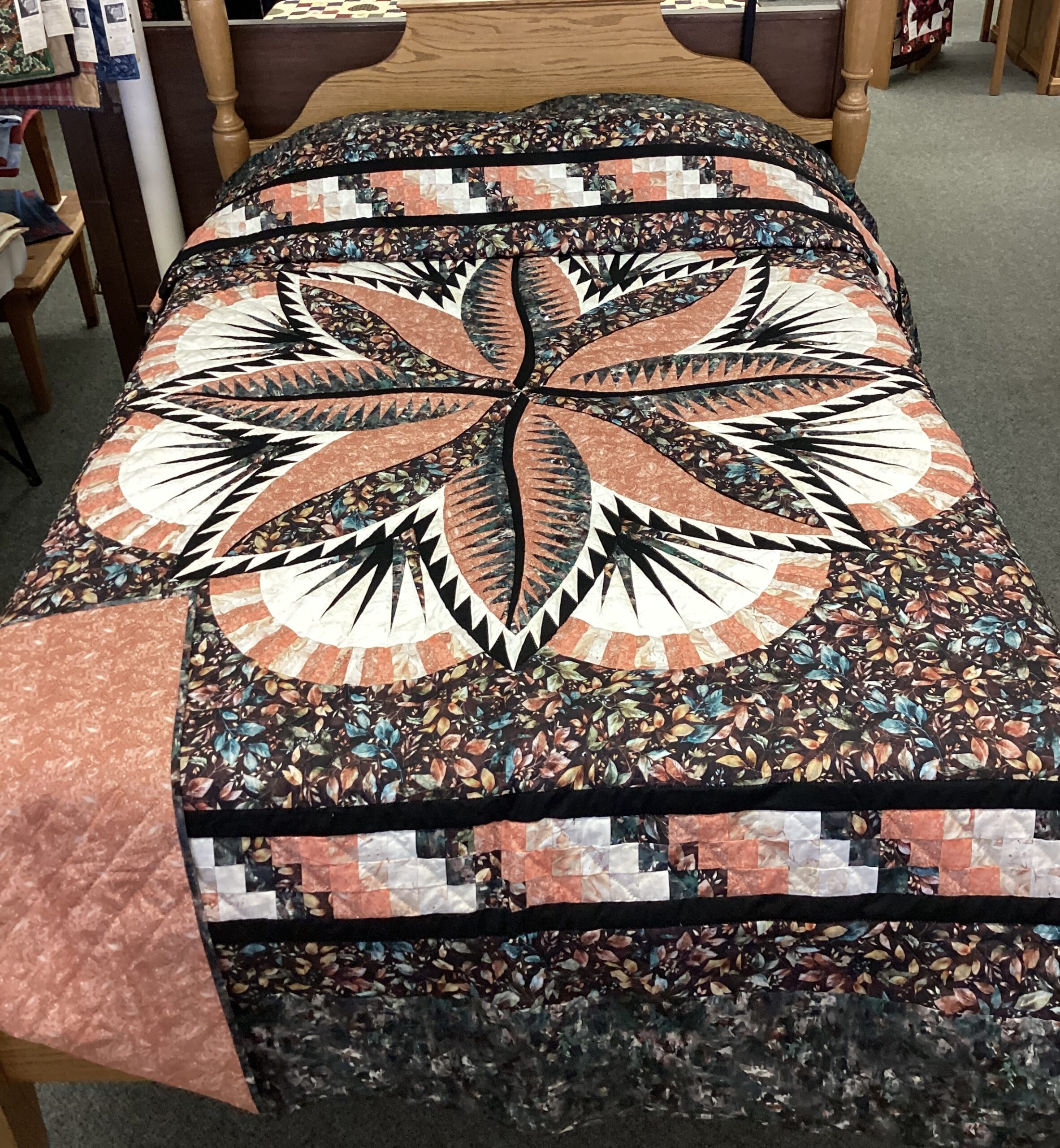 Queen Size Hand Quilted Quilt Fire Island Hosta in Fall Colors