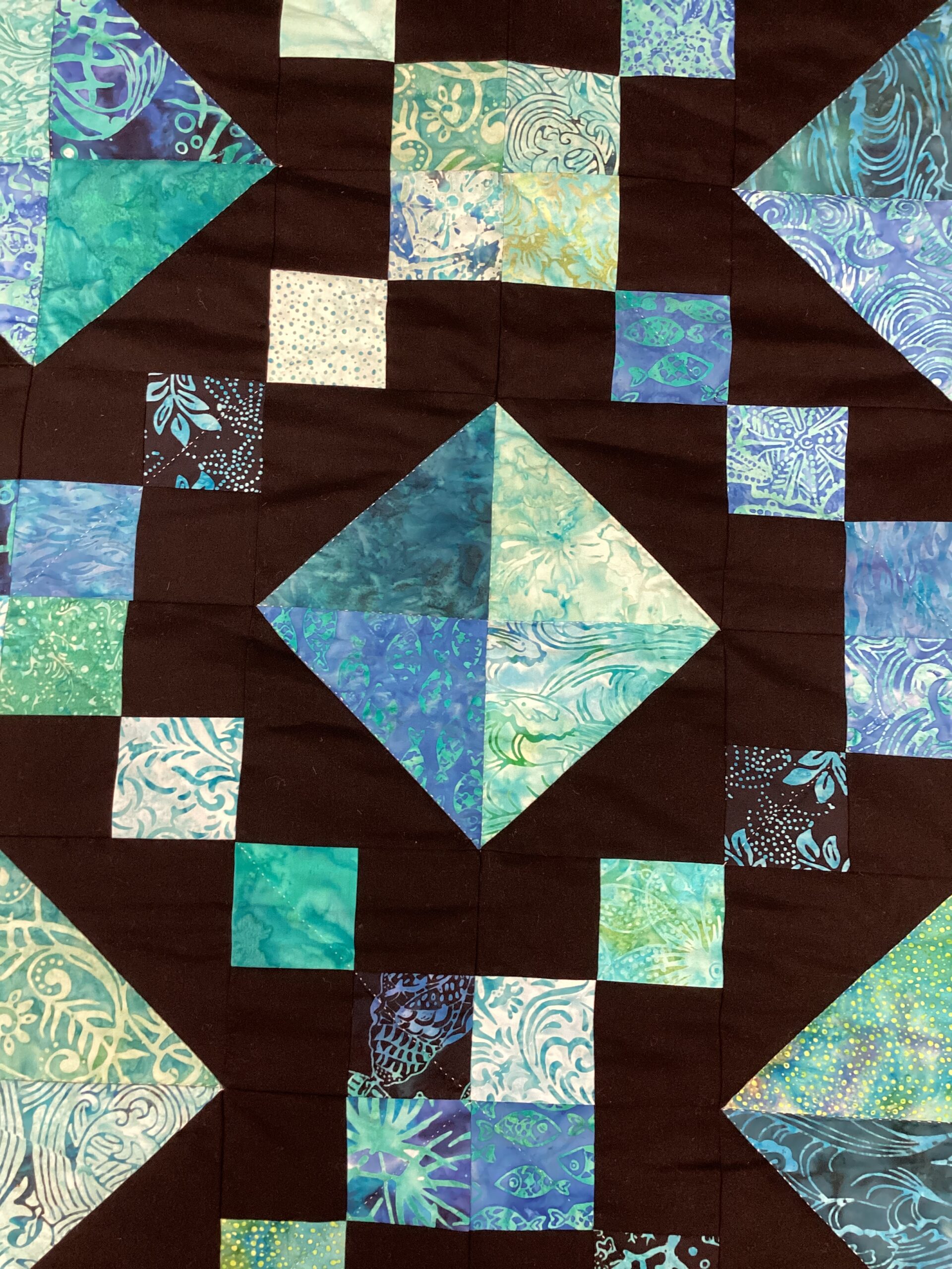 Jewel Box Pattern in Black, Teal Blue and Green Batik Fabrics - Image 6