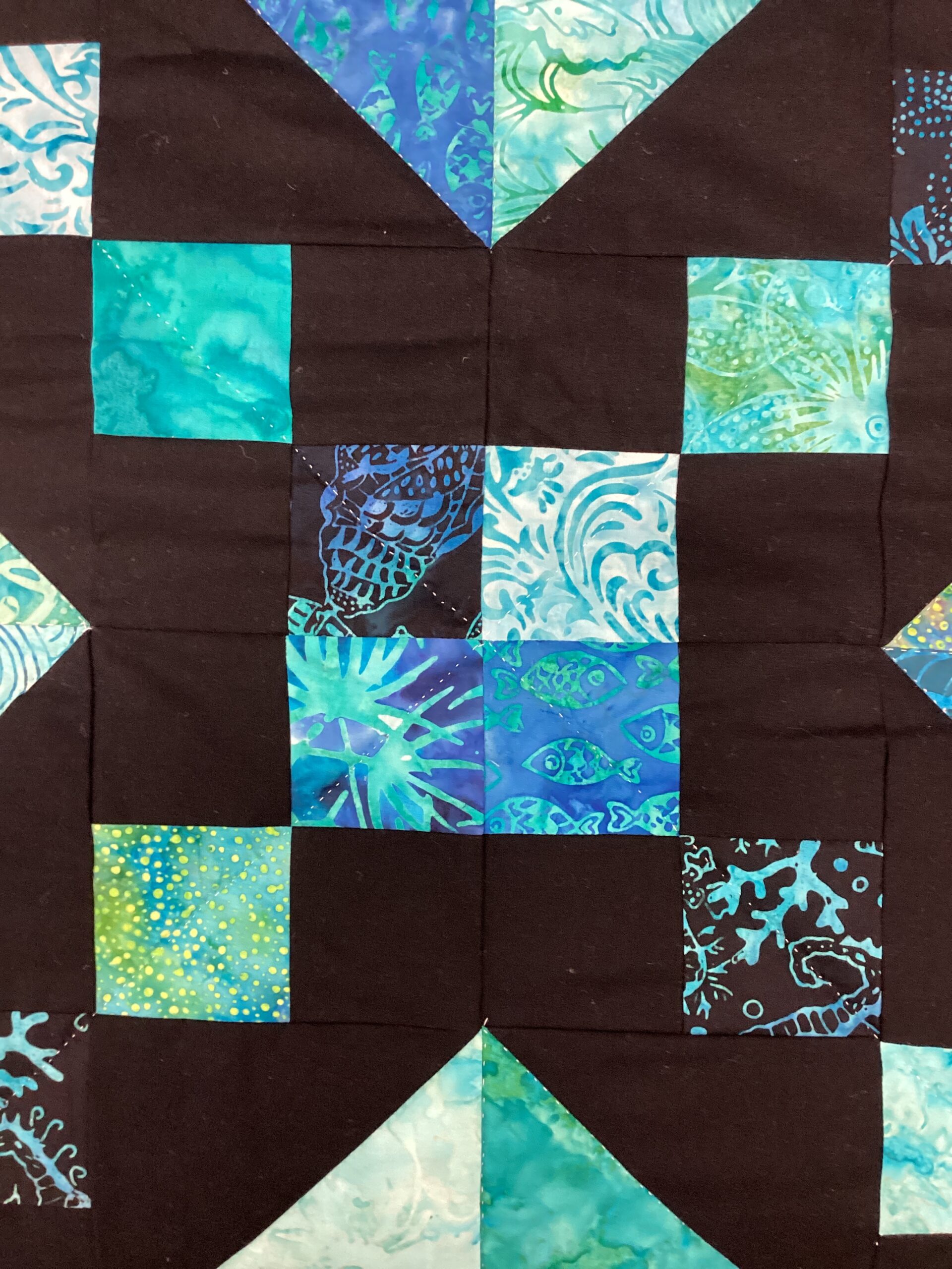 Jewel Box Pattern in Black, Teal Blue and Green Batik Fabrics - Image 3