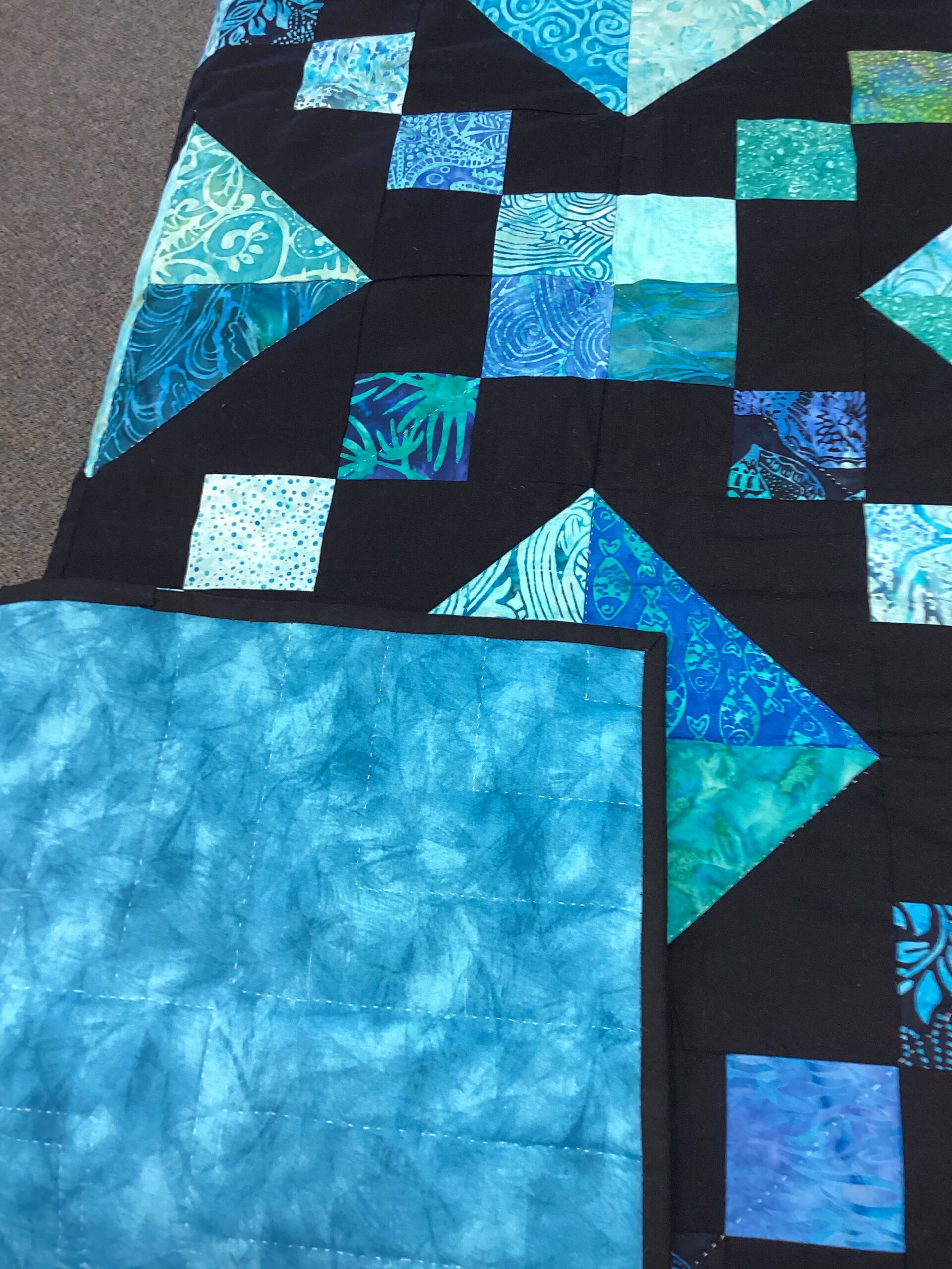 Jewel Box Pattern in Black, Teal Blue and Green Batik Fabrics - Image 5