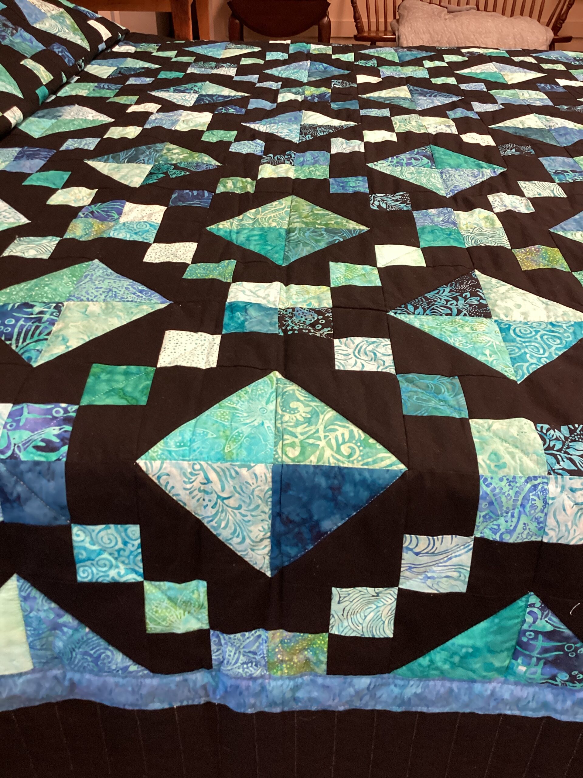 Jewel Box Pattern in Black, Teal Blue and Green Batik Fabrics - Image 4