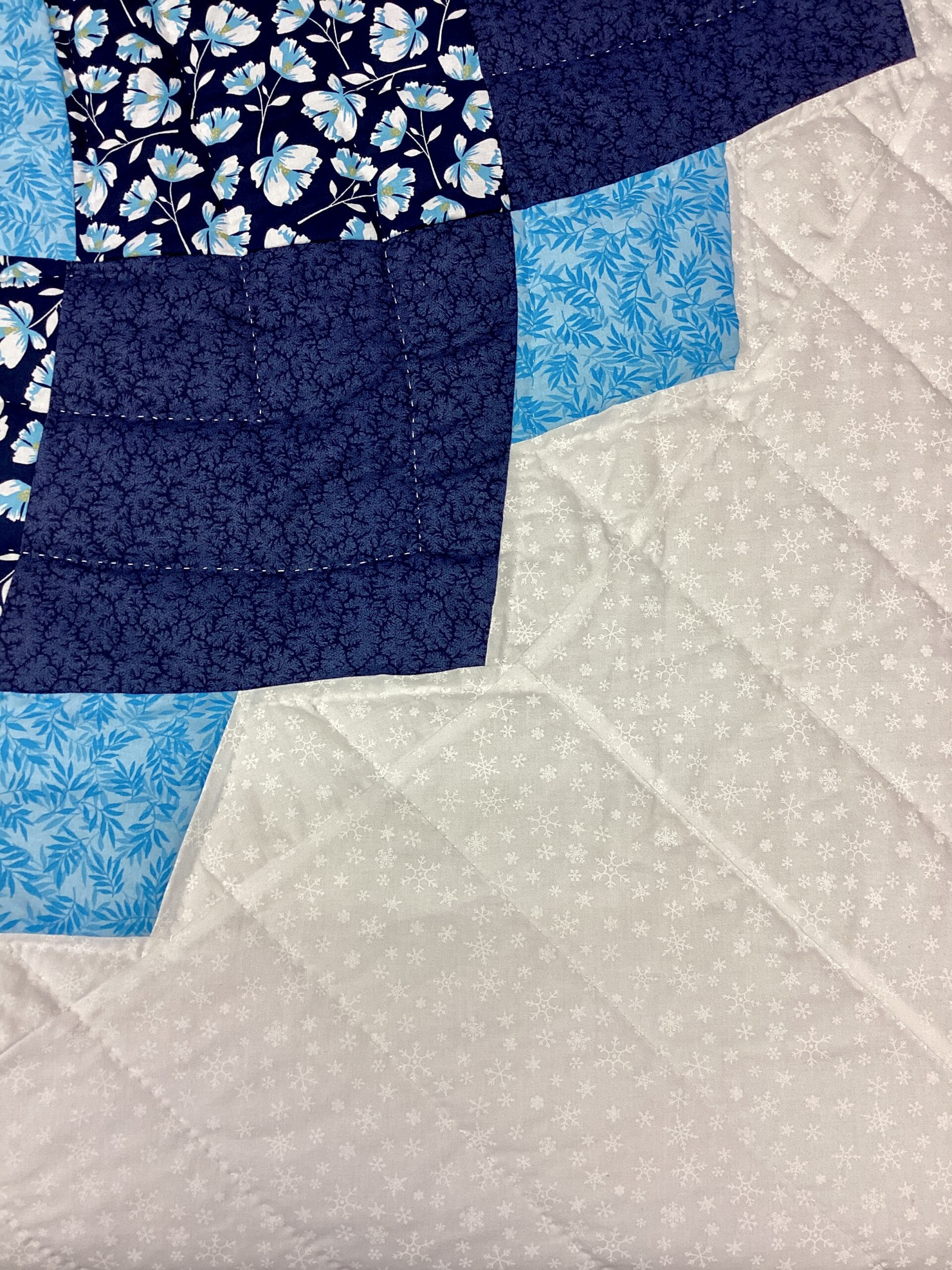 Close-up of navy and blue Giant Dahlia petal design with floral and botanical print fabrics