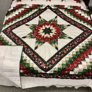 Handmade Lancaster County Mennonite Star N Common quilt with Christmas center star, poinsettia fabrics, evergreen patchwork squares and cream background